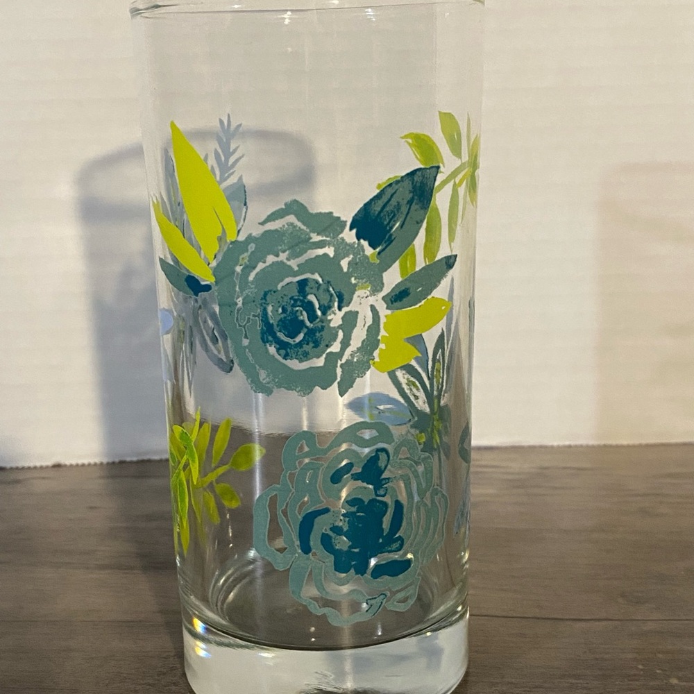 Vintage Mid Century Modern Blue Green Floral Set Of 4 Water Glasses CERA - Picture 2 of 5